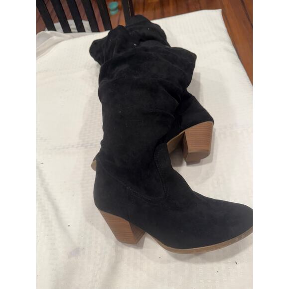 Black Faux Suede Western Knee-High Boot - Picture 2 of 8